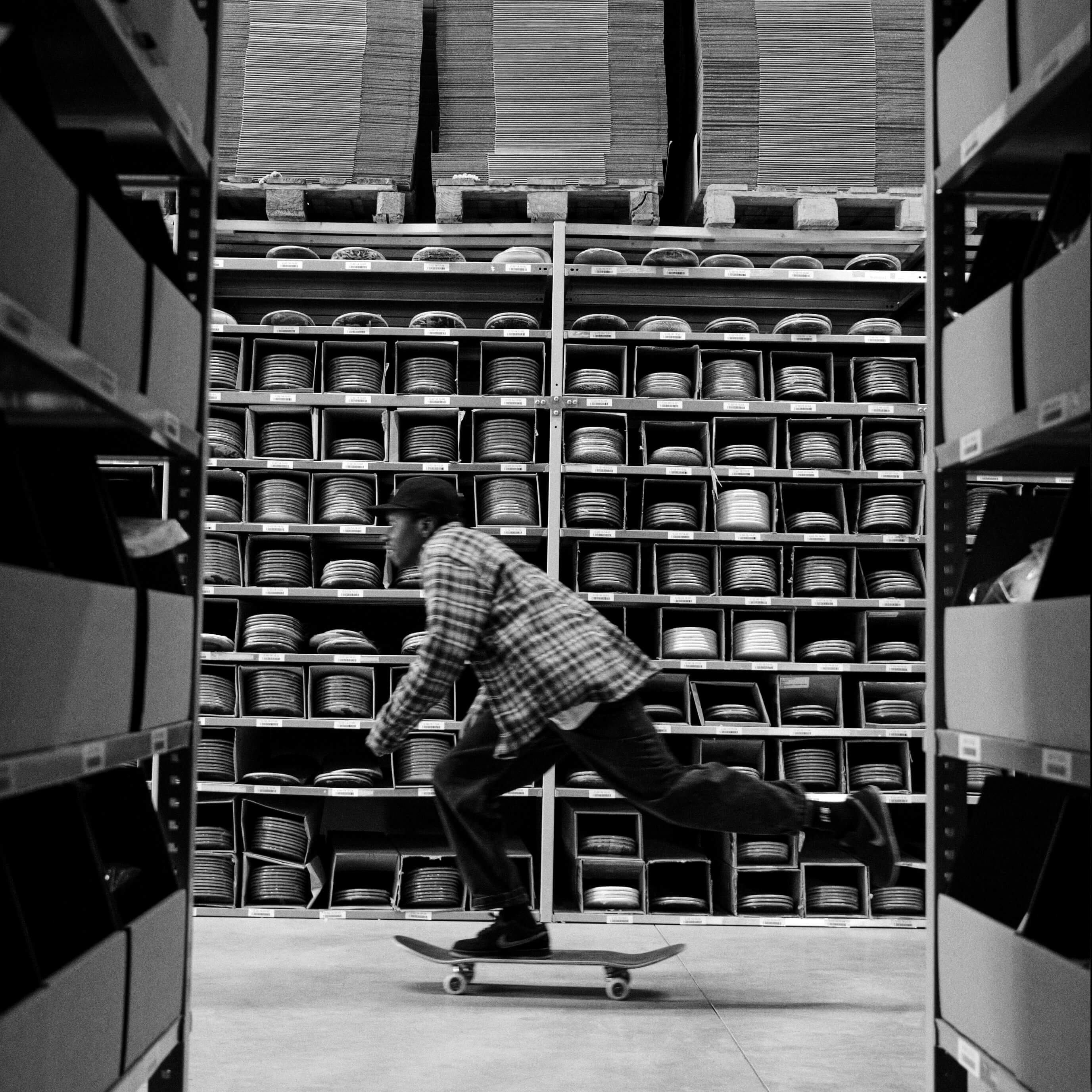 Skateboarder Gilli skates through warehouse