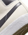 The heel of the Nike skateboarding Blazer Mid in Phantom Grey and Cave Purple.